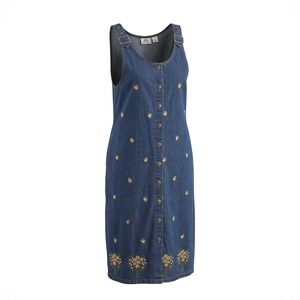 VTG 90s Carolina Bay Embroidered Denim Jumper Dress XL Cottagecore Overall Midi
